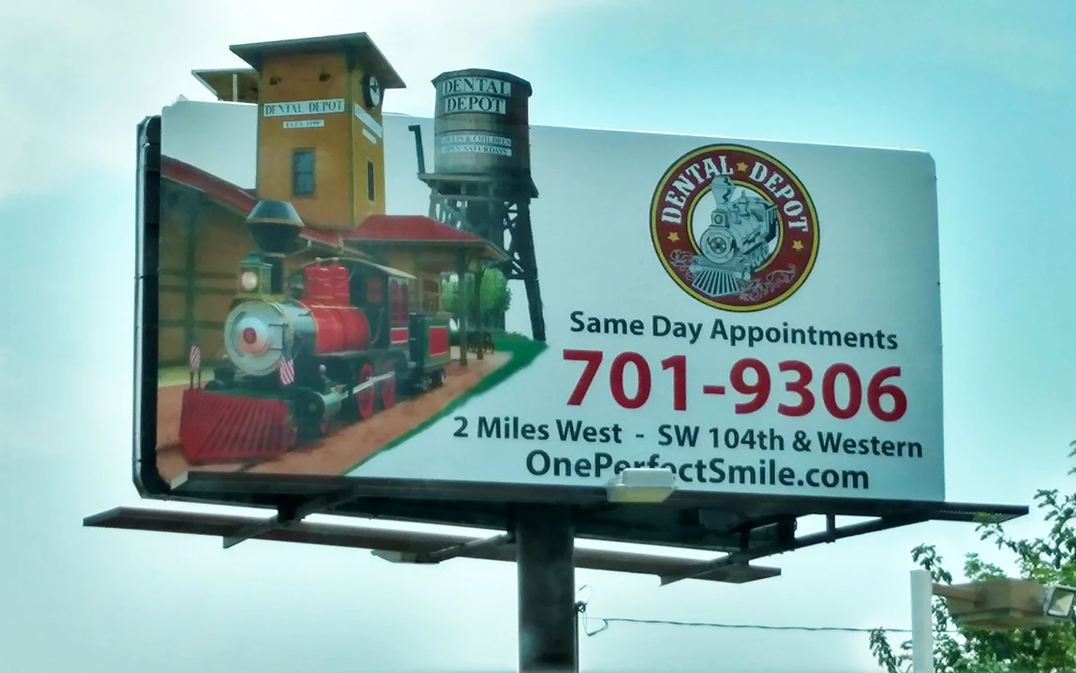 Billboard for Dental Depot with red train.