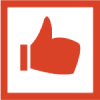 Red thumbs up icon on black background.