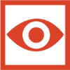 Red eye symbol in black square background.